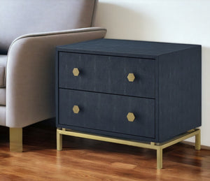 HomeRoots 21" Elegant Faux Leather and Metal End Table with Two Drawers for Modern Living Space Organization Navy/Gold 544089