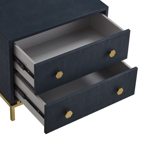 HomeRoots 21" Elegant Faux Leather and Metal End Table with Two Drawers for Modern Living Space Organization Navy/Gold 544089