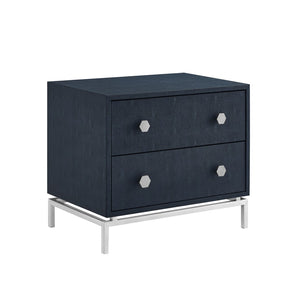 HomeRoots 21" Elegant Faux Leather and Metal End Table with Two Drawers for Modern Living Space Organization Navy/Chrome 544090