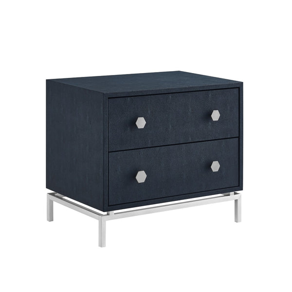HomeRoots 21" Elegant Faux Leather and Metal End Table with Two Drawers for Modern Living Space Organization Navy/Chrome 544090