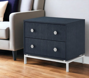 HomeRoots 21" Elegant Faux Leather and Metal End Table with Two Drawers for Modern Living Space Organization Navy/Chrome 544090