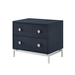 HomeRoots 21" Elegant Faux Leather and Metal End Table with Two Drawers for Modern Living Space Organization Navy/Chrome 544090