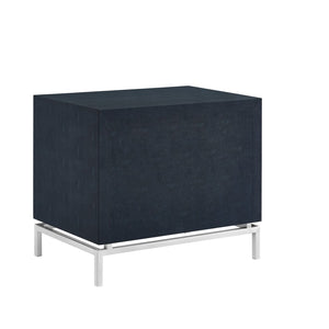 HomeRoots 21" Elegant Faux Leather and Metal End Table with Two Drawers for Modern Living Space Organization Navy/Chrome 544090