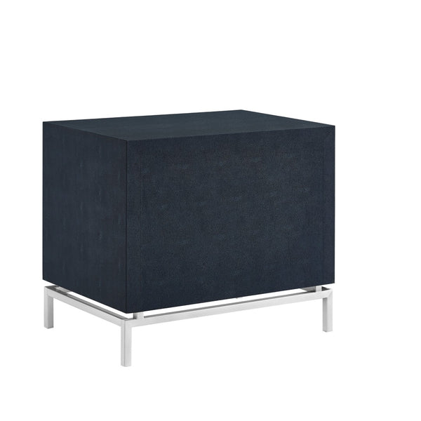 HomeRoots 21" Elegant Faux Leather and Metal End Table with Two Drawers for Modern Living Space Organization Navy/Chrome 544090