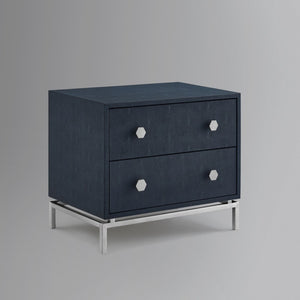 HomeRoots 21" Elegant Faux Leather and Metal End Table with Two Drawers for Modern Living Space Organization Navy/Chrome 544090