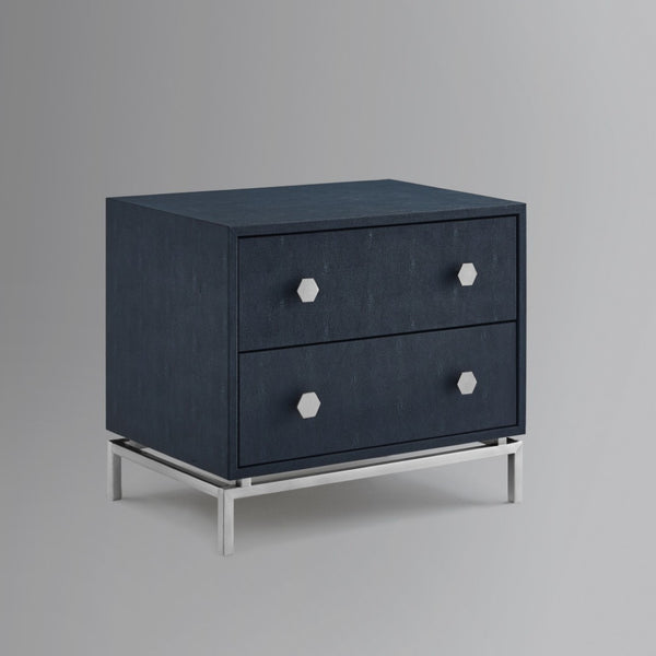HomeRoots 21" Elegant Faux Leather and Metal End Table with Two Drawers for Modern Living Space Organization Navy/Chrome 544090
