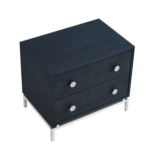 HomeRoots 21" Elegant Faux Leather and Metal End Table with Two Drawers for Modern Living Space Organization Navy/Chrome 544090