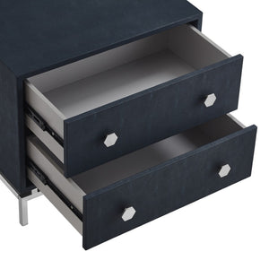 HomeRoots 21" Elegant Faux Leather and Metal End Table with Two Drawers for Modern Living Space Organization Navy/Chrome 544090