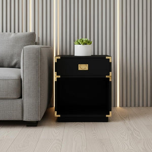 HomeRoots 24" Sleek Black Wood Block End Table with Drawer & Open Shelf for Stylish Storage Solutions 544092