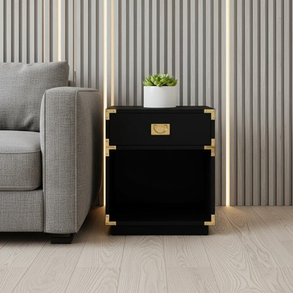 HomeRoots 24" Sleek Black Wood Block End Table with Drawer & Open Shelf for Stylish Storage Solutions 544092