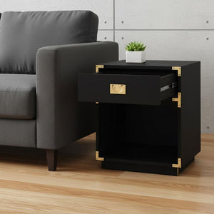 HomeRoots 24" Sleek Black Wood Block End Table with Drawer & Open Shelf for Stylish Storage Solutions 544092