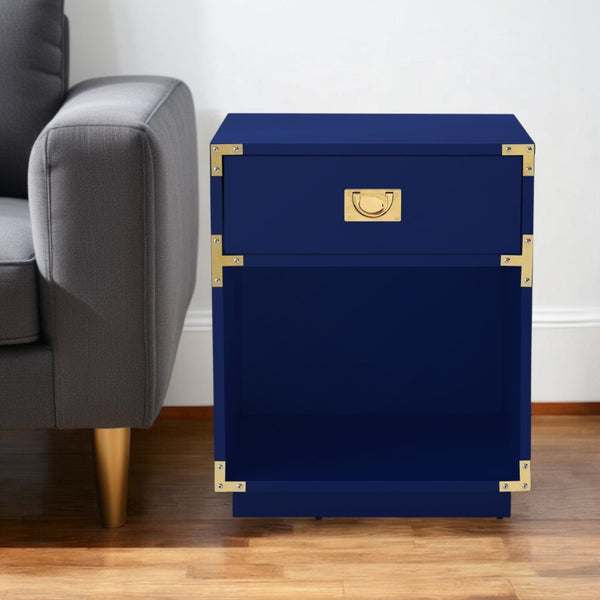 HomeRoots 24" Modern Farmhouse Wood Block End Table with Drawer and Open Shelf for Versatile Home Use Dark Navy 544094