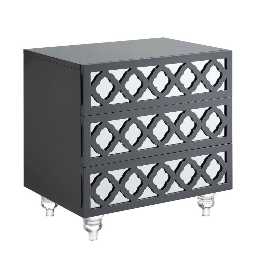 HomeRoots 24" Dark Gray Mirrored Wood End Table with 3 Drawers - Chic, Versatile Storage for Modern Spaces 544096