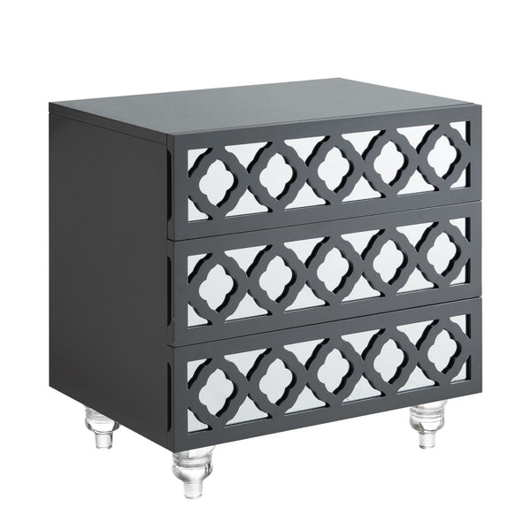 HomeRoots 24" Dark Gray Mirrored Wood End Table with 3 Drawers - Chic, Versatile Storage for Modern Spaces 544096