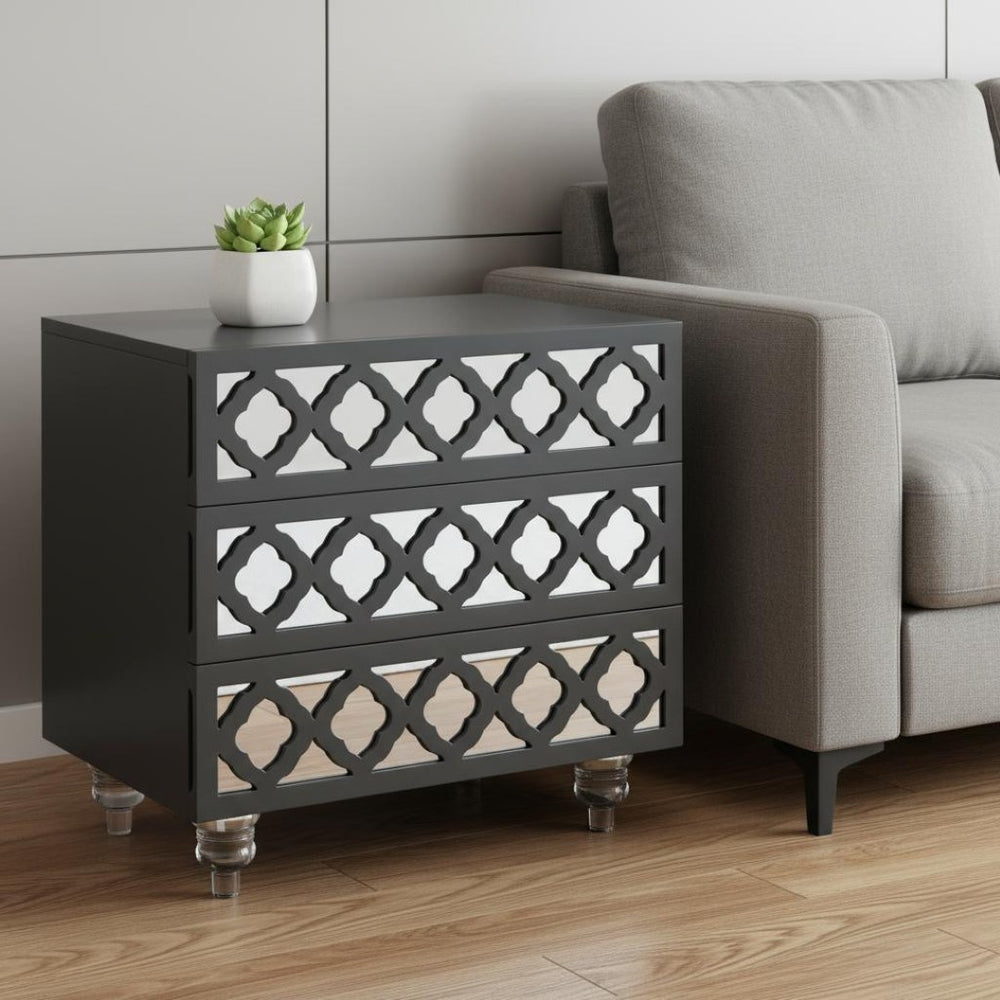 HomeRoots 24" Dark Gray Mirrored Wood End Table with 3 Drawers - Chic, Versatile Storage for Modern Spaces 544096