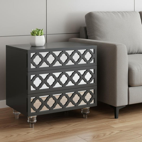 HomeRoots 24" Dark Gray Mirrored Wood End Table with 3 Drawers - Chic, Versatile Storage for Modern Spaces 544096