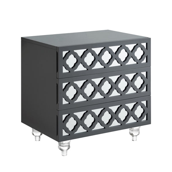 HomeRoots 24" Dark Gray Mirrored Wood End Table with 3 Drawers - Chic, Versatile Storage for Modern Spaces 544096