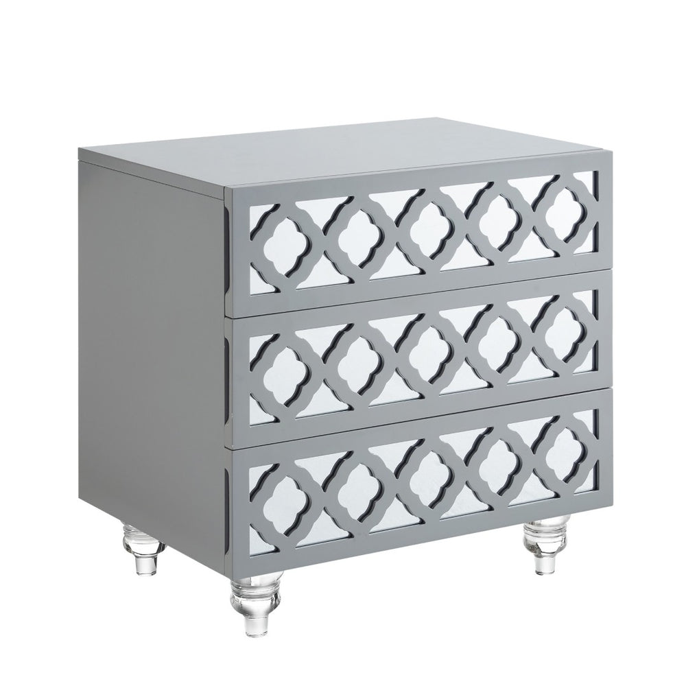 HomeRoots 24" Glamorous Mirrored Glass End Table with Geometric Cutwork and Three Drawers for Stylish Storage Light Grey 544097