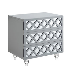 HomeRoots 24" Glamorous Mirrored Glass End Table with Geometric Cutwork and Three Drawers for Stylish Storage Light Grey 544097