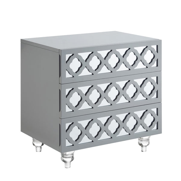 HomeRoots 24" Glamorous Mirrored Glass End Table with Geometric Cutwork and Three Drawers for Stylish Storage Light Grey 544097