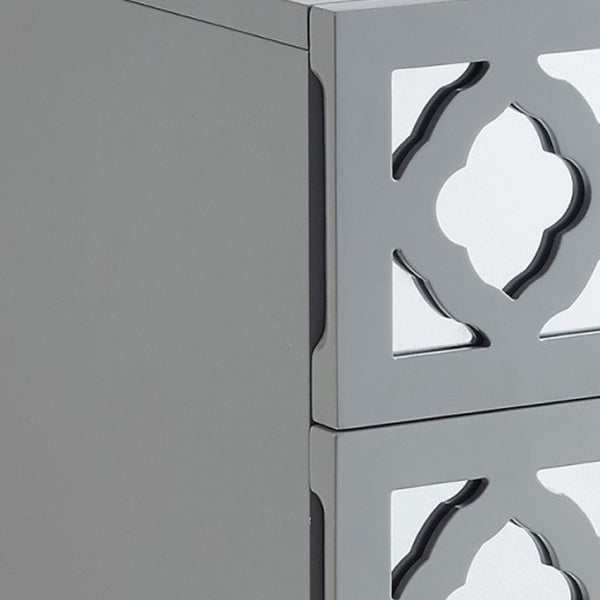HomeRoots 24" Glamorous Mirrored Glass End Table with Geometric Cutwork and Three Drawers for Stylish Storage Light Grey 544097