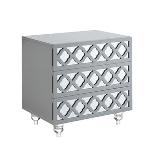 HomeRoots 24" Glamorous Mirrored Glass End Table with Geometric Cutwork and Three Drawers for Stylish Storage Light Grey 544097