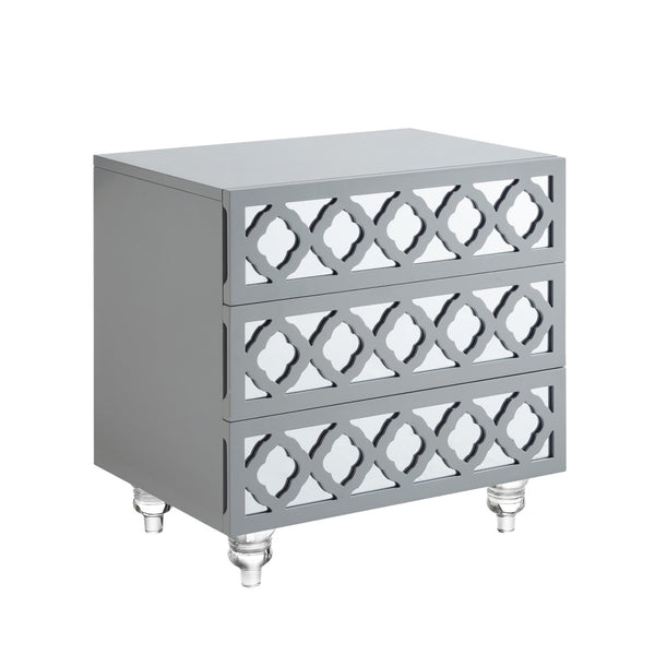 HomeRoots 24" Glamorous Mirrored Glass End Table with Geometric Cutwork and Three Drawers for Stylish Storage Light Grey 544097
