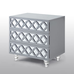 HomeRoots 24" Glamorous Mirrored Glass End Table with Geometric Cutwork and Three Drawers for Stylish Storage Light Grey 544097