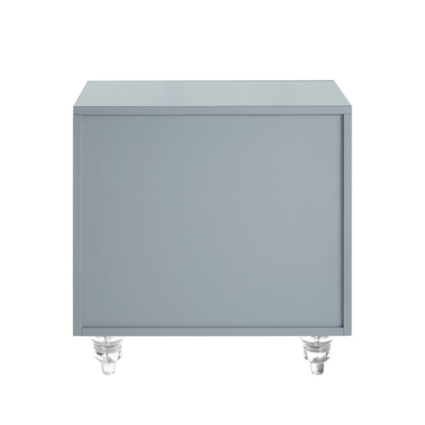 HomeRoots 24" Glamorous Mirrored Glass End Table with Geometric Cutwork and Three Drawers for Stylish Storage Light Grey 544097