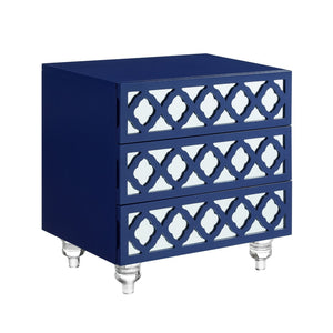 HomeRoots 24" Glamorous Mirrored Glass End Table with Geometric Cutwork and Three Drawers for Stylish Storage Navy 544098