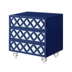 HomeRoots 24" Glamorous Mirrored Glass End Table with Geometric Cutwork and Three Drawers for Stylish Storage Navy 544098