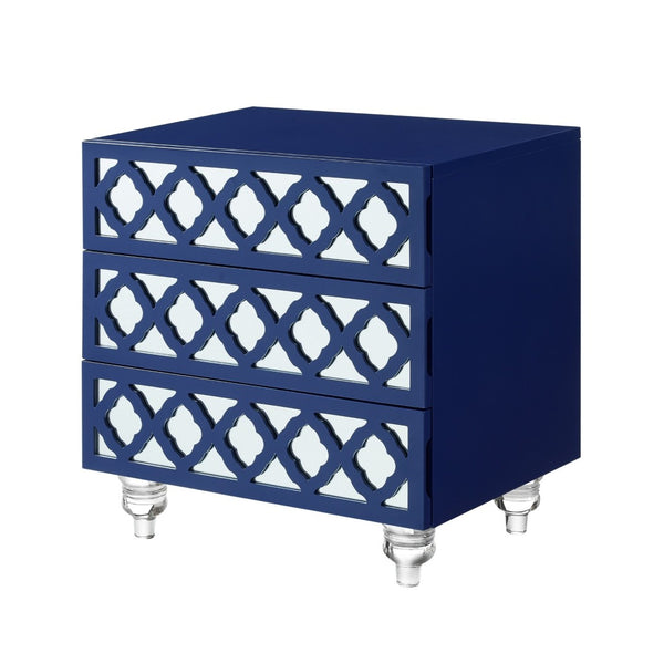 HomeRoots 24" Glamorous Mirrored Glass End Table with Geometric Cutwork and Three Drawers for Stylish Storage Navy 544098