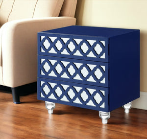 HomeRoots 24" Glamorous Mirrored Glass End Table with Geometric Cutwork and Three Drawers for Stylish Storage Navy 544098
