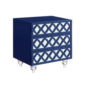 HomeRoots 24" Glamorous Mirrored Glass End Table with Geometric Cutwork and Three Drawers for Stylish Storage Navy 544098