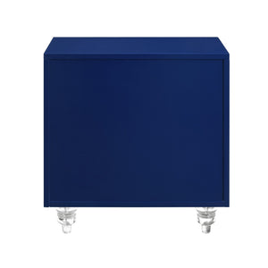 HomeRoots 24" Glamorous Mirrored Glass End Table with Geometric Cutwork and Three Drawers for Stylish Storage Navy 544098