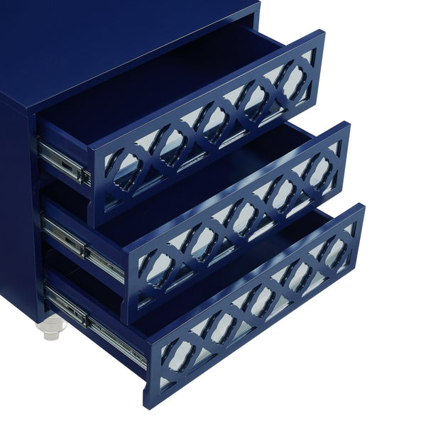 HomeRoots 24" Glamorous Mirrored Glass End Table with Geometric Cutwork and Three Drawers for Stylish Storage Navy 544098
