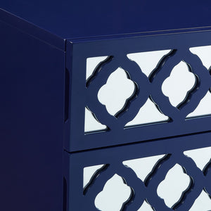 HomeRoots 24" Glamorous Mirrored Glass End Table with Geometric Cutwork and Three Drawers for Stylish Storage Navy 544098