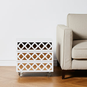 HomeRoots 24" Glamorous Mirrored Glass End Table with Geometric Cutwork and Three Drawers for Stylish Storage White 544099
