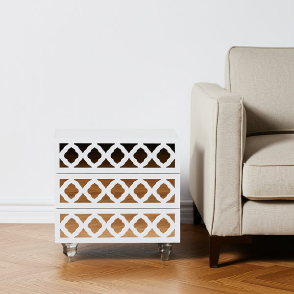 HomeRoots 24" Glamorous Mirrored Glass End Table with Geometric Cutwork and Three Drawers for Stylish Storage White 544099