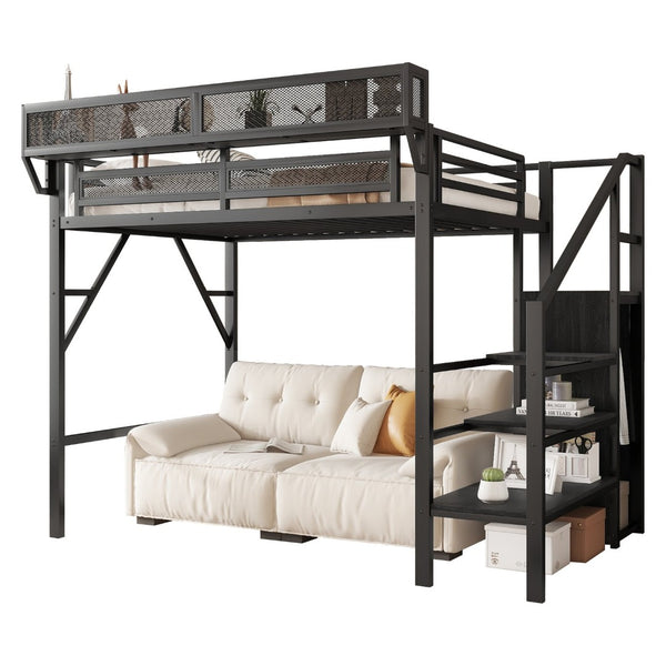 English Elm Twin Metal High Loft Bed with Staircase Storage Wardrobe for Kids and Teens Black W2580S00060