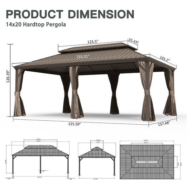 English Elm 14' X 20' Hardtop Gazebo – Upgraded Dual-Layer Steel Roof, Privacy Curtains & Insect Netting For Outdoor Oasis W1859S00150