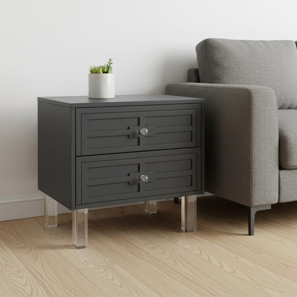 HomeRoots 24" Modern Farmhouse End Table with Two Drawers - Dark Gray Top & Clear Wood Base for Versatile Style 544100