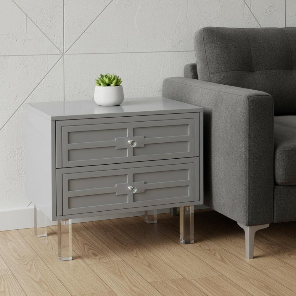 HomeRoots 24" Light Gray End Table with Clear Wood Base & 2 Drawers - Modern Farmhouse Style & Versatile Design 544101
