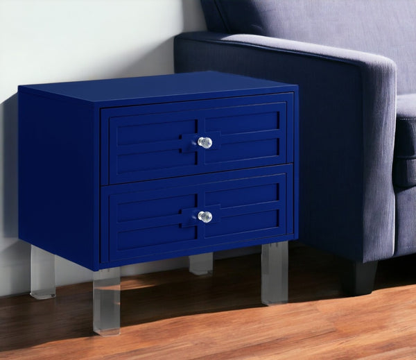 HomeRoots 24" Modern Acrylic End Table with Glossy Lacquer Finish and Two Storage Drawers for Stylish Living Navy 544102