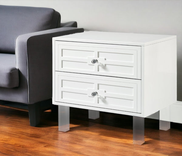 HomeRoots 24" Modern Acrylic End Table with Glossy Lacquer Finish and Two Storage Drawers for Stylish Living White 544103