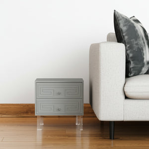 HomeRoots 24" Modern End Table with Two Drawers - Sleek Clear Base and Stylish Storage for Any Space Light Grey 544108