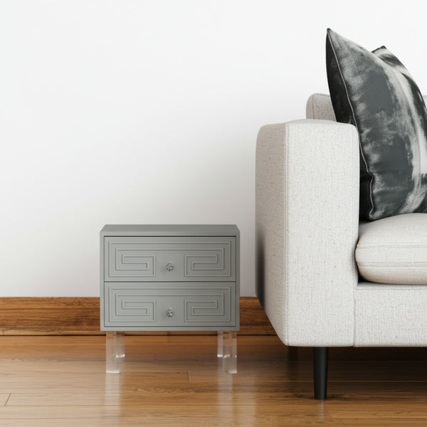 HomeRoots 24" Modern End Table with Two Drawers - Sleek Clear Base and Stylish Storage for Any Space Light Grey 544108