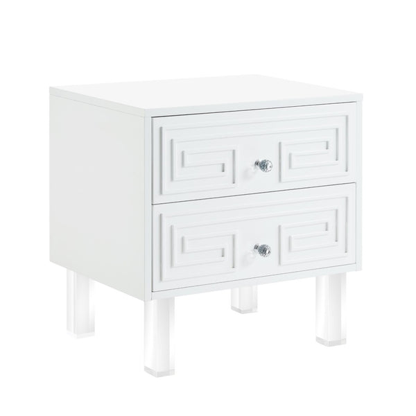 HomeRoots 24" Modern End Table with Two Drawers - Sleek Clear Base and Stylish Storage for Any Space White 544109