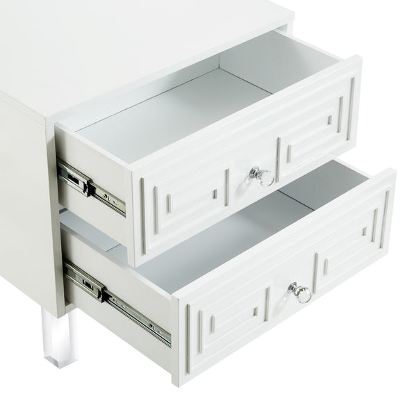HomeRoots 24" Modern End Table with Two Drawers - Sleek Clear Base and Stylish Storage for Any Space White 544109