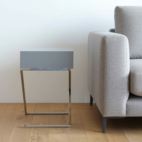 HomeRoots 25" Silver Metallic End Table with Drawer – Modern Design for Living Room, Bedroom, or Entryway Light Grey 544112